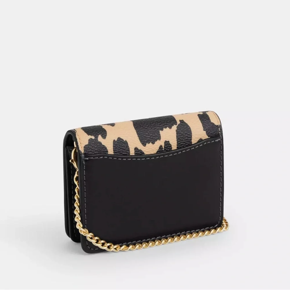 Coach Leopard Print Mini Crossbody in Beige and Black with Gold Chain